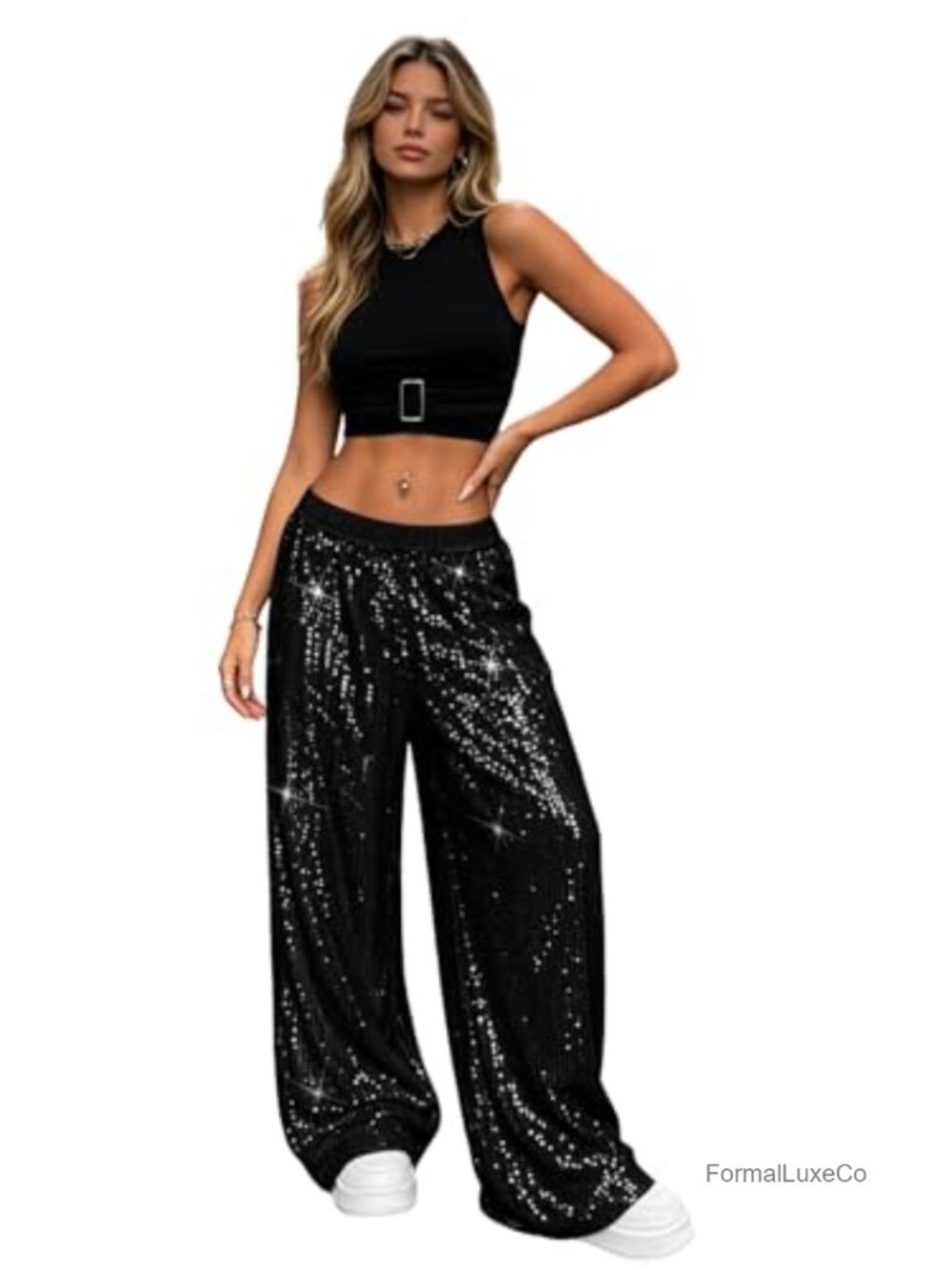 Sequin Wide Leg Pants Sparkly Low Waisted Palazzo Party Trousers